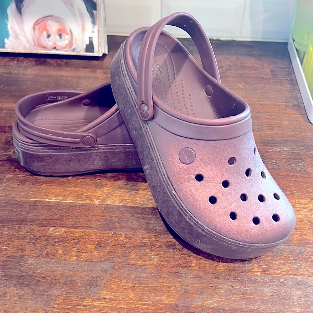Platform crocs! Maroon with sparkles.